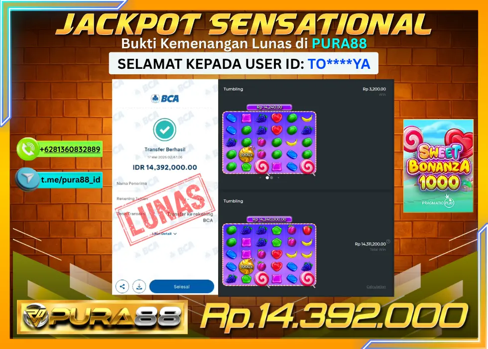 PURA88 JACKPOT SWEET BONANZA 1000 Rp 14.392.000,- LUNAS